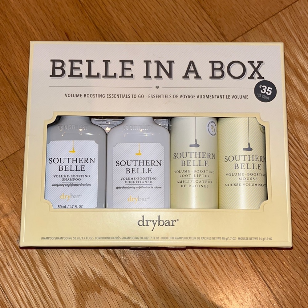 Drybar Belle In A Box to go travel set shampoo conditioner root lifter mousse